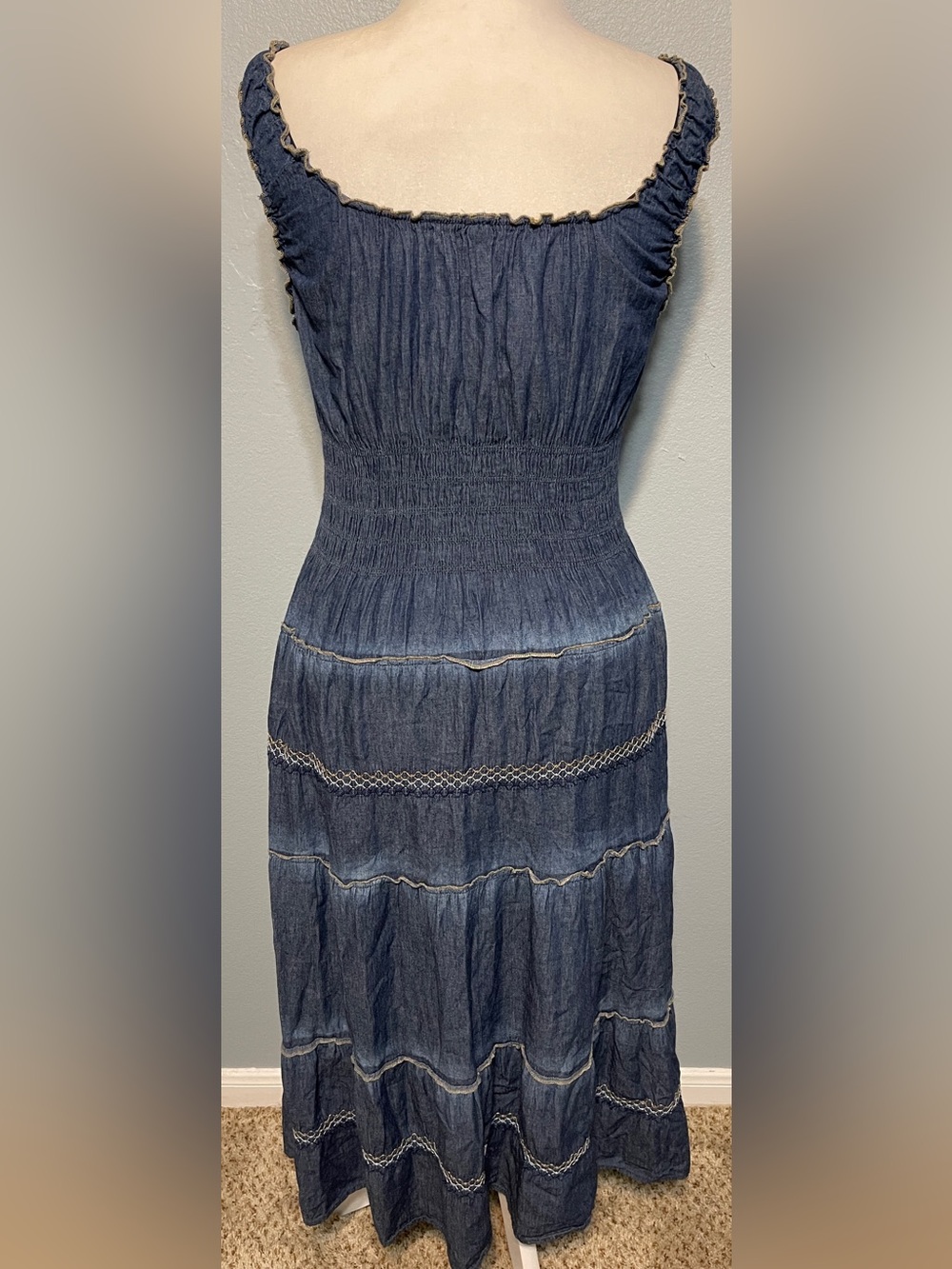 Lapis Anthropologie Blue Chambray Maxi Dress Tiered Smocked Waist Western PL - Picture 2 of 7